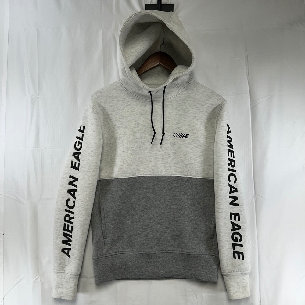 American Eagle Hoodie Mens XS Grey Colorblock Graphic Sleeve Pullover